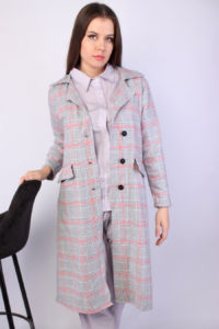 Checkered Below Knee Cotton Coat – Light Grey & Red