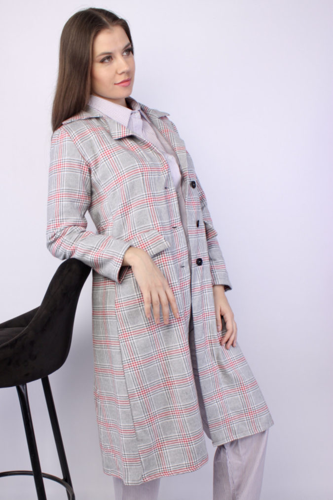 Checkered Below Knee Cotton Coat – Light Grey & Red