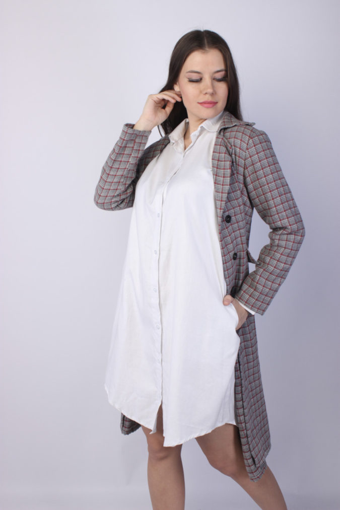 Checkered Below Knee Cotton Coat – Brown & Red