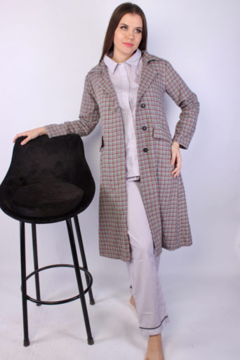 Checkered Below Knee Cotton Coat – Brown & Red