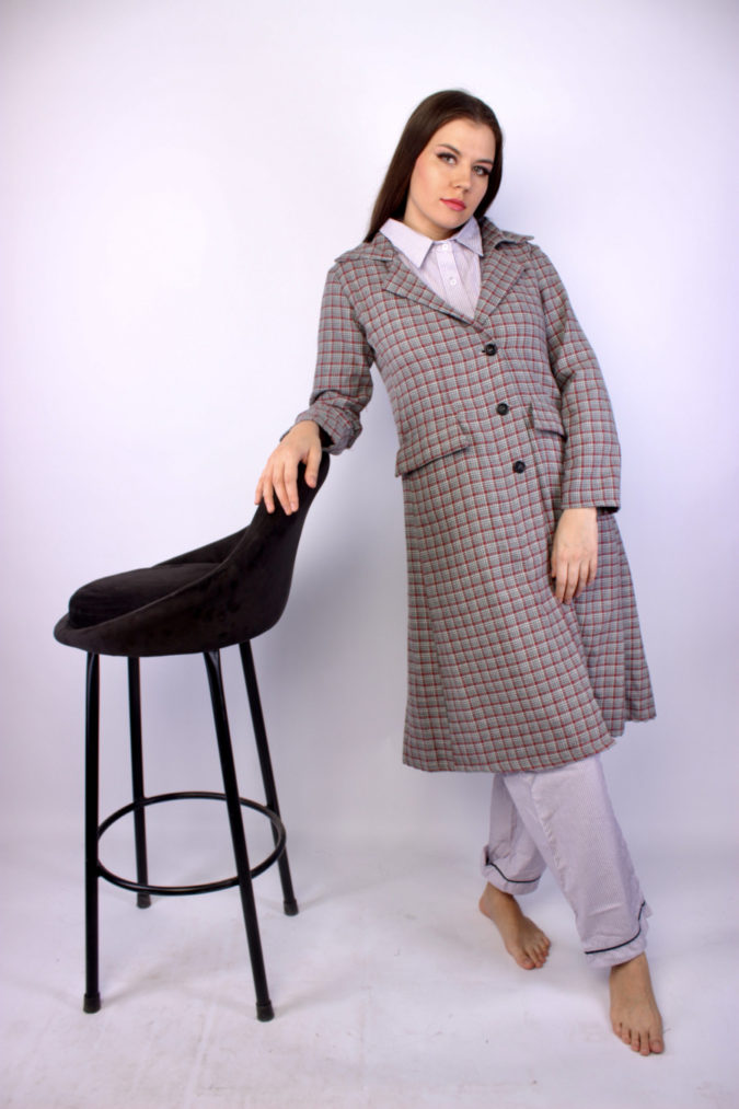 Checkered Below Knee Cotton Coat – Brown & Red