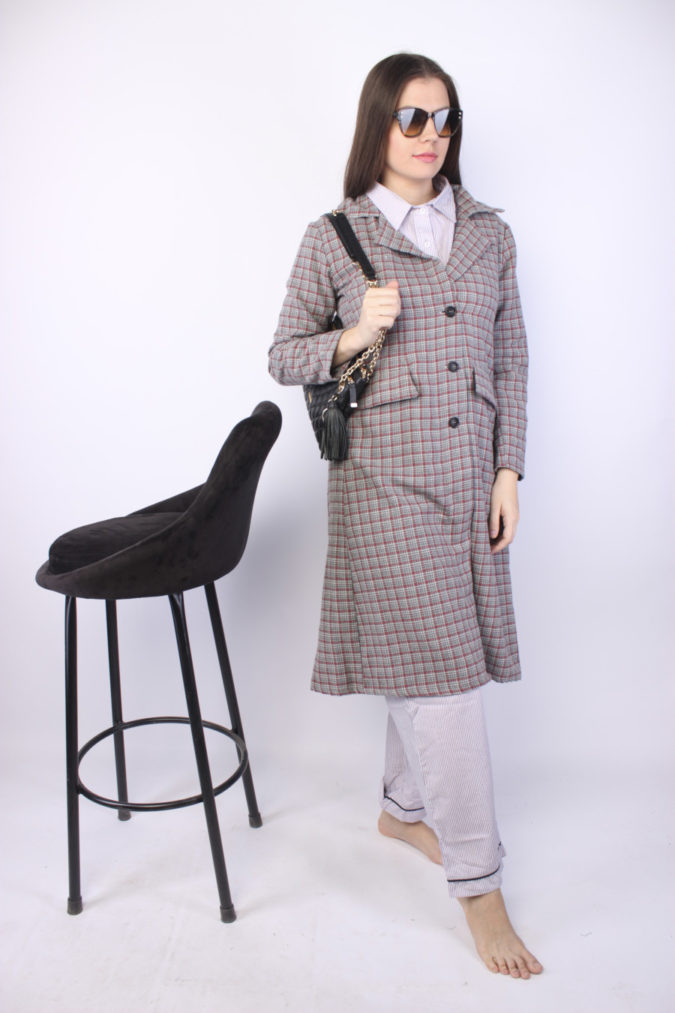 Checkered Below Knee Cotton Coat – Brown & Red