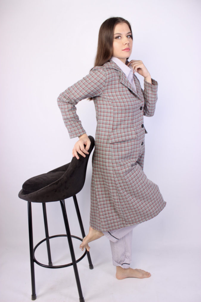 Checkered Below Knee Cotton Coat – Brown & Red