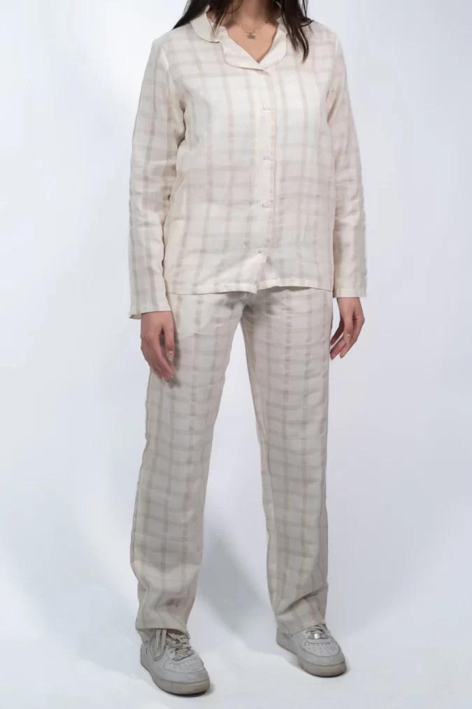 Autumn Linen Pyjama in Checkered Offwhite