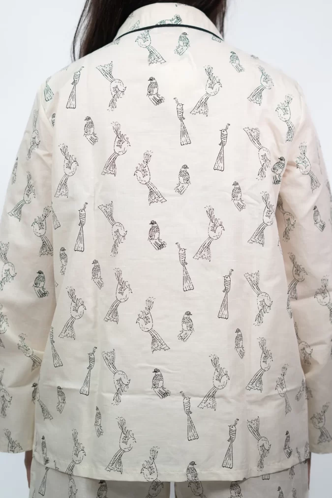 Autumn Linen Pyjama in Offwite with Printed Birds