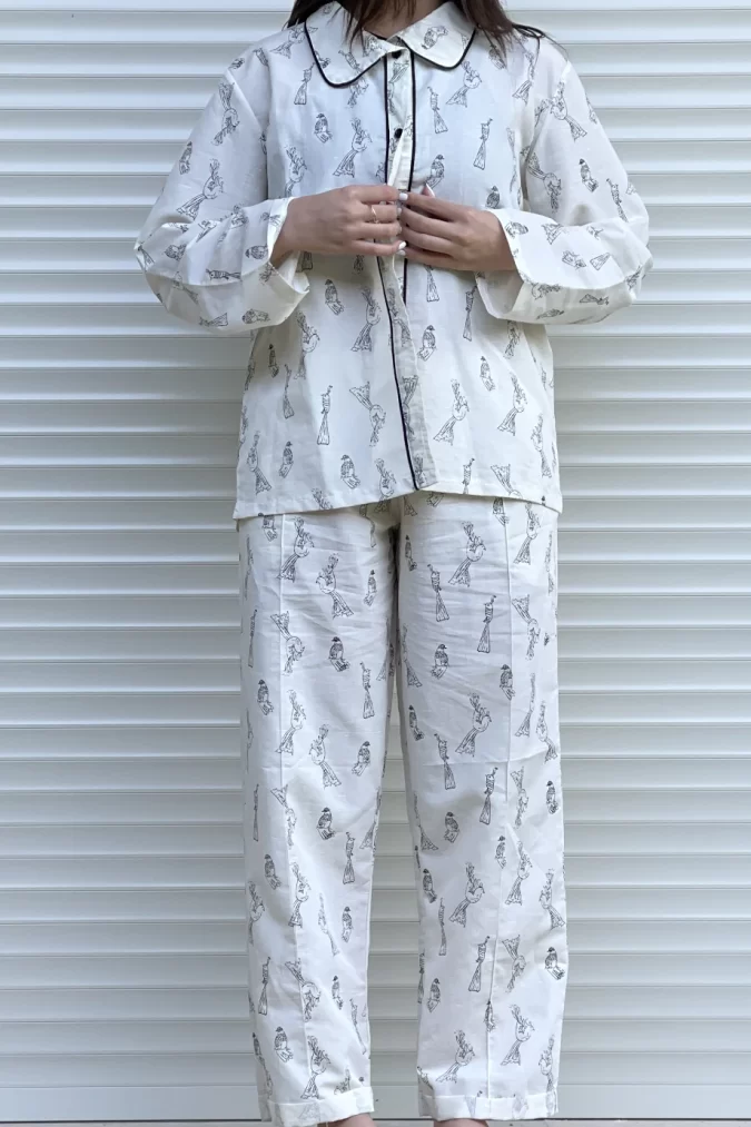 Autumn Linen Pyjama in Offwite with Printed Birds