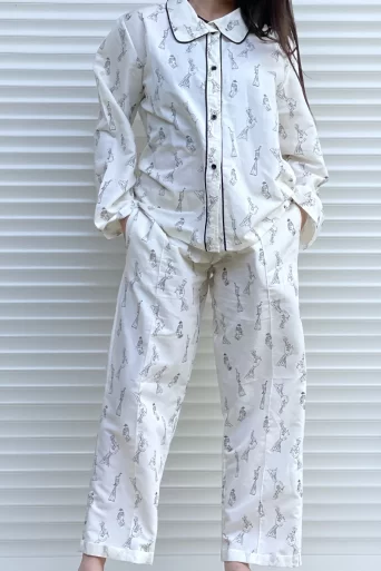 Autumn Linen Pyjama in Offwite with Printed Birds