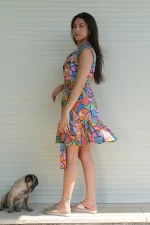 Sleeveless Above Knee Yoke Dress in Tropical Colors