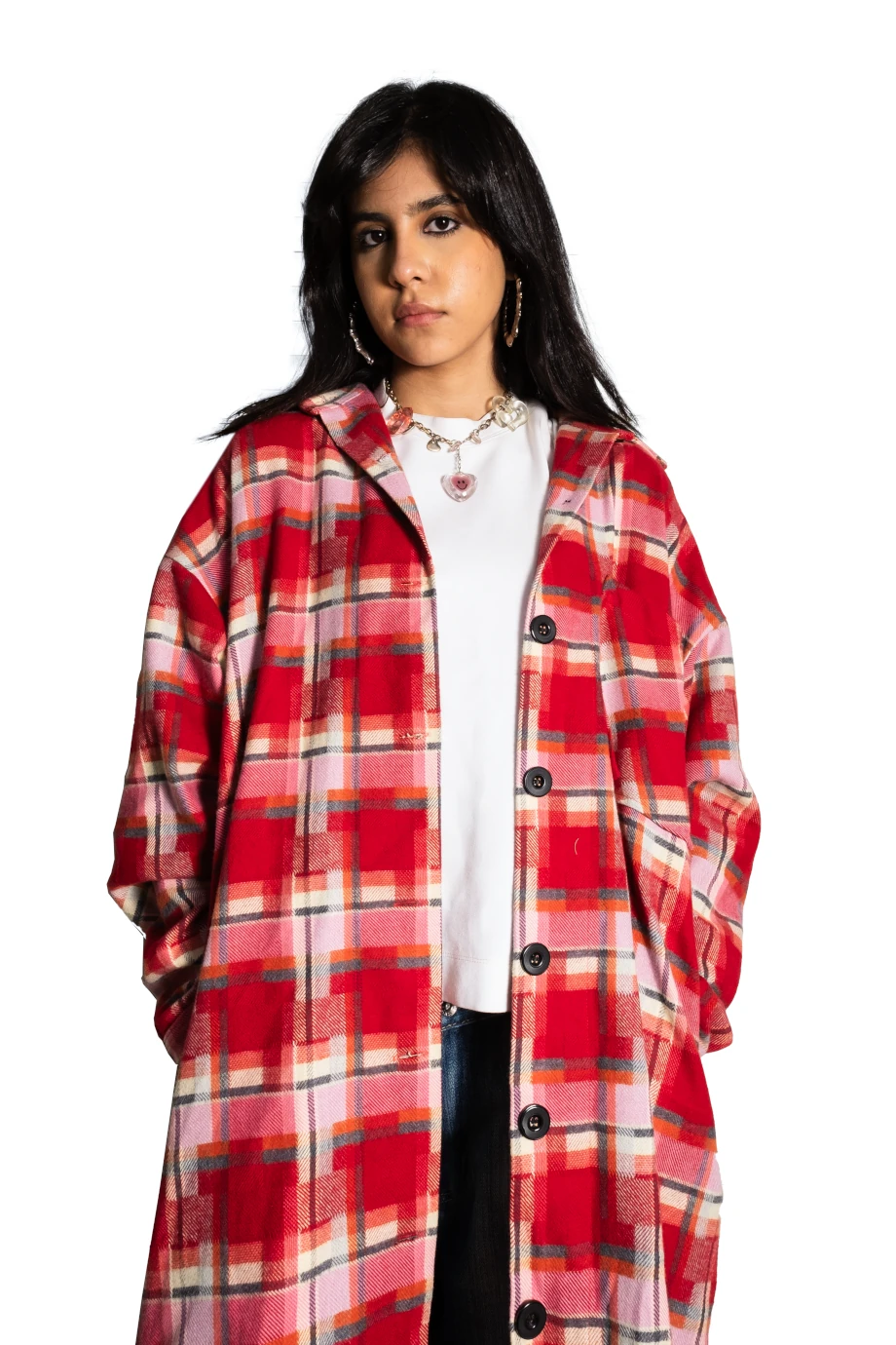 Unisex Checkered Below-Knee Winter Coat - Red