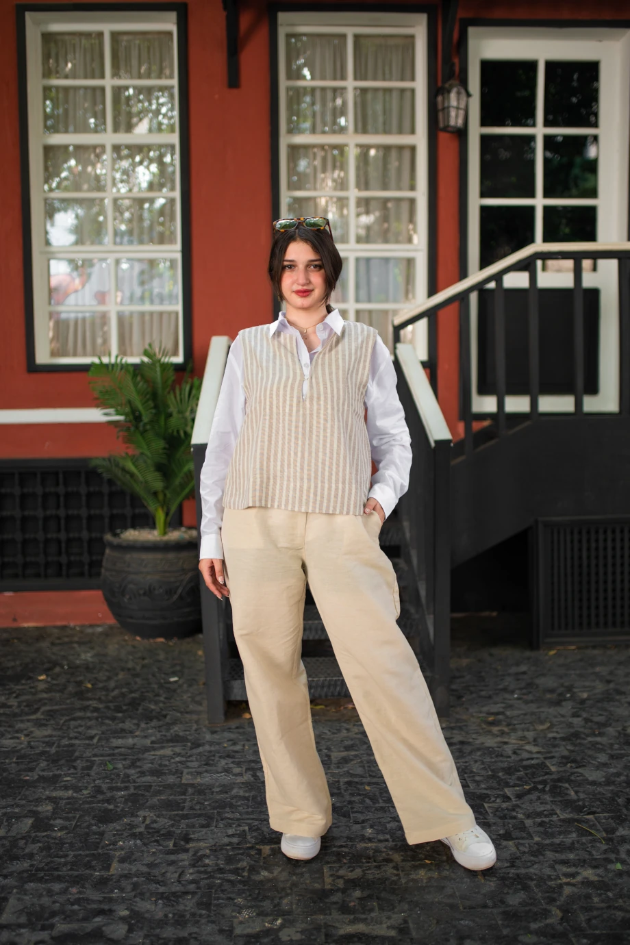 Stripped Linen Vest and creamy linen pants