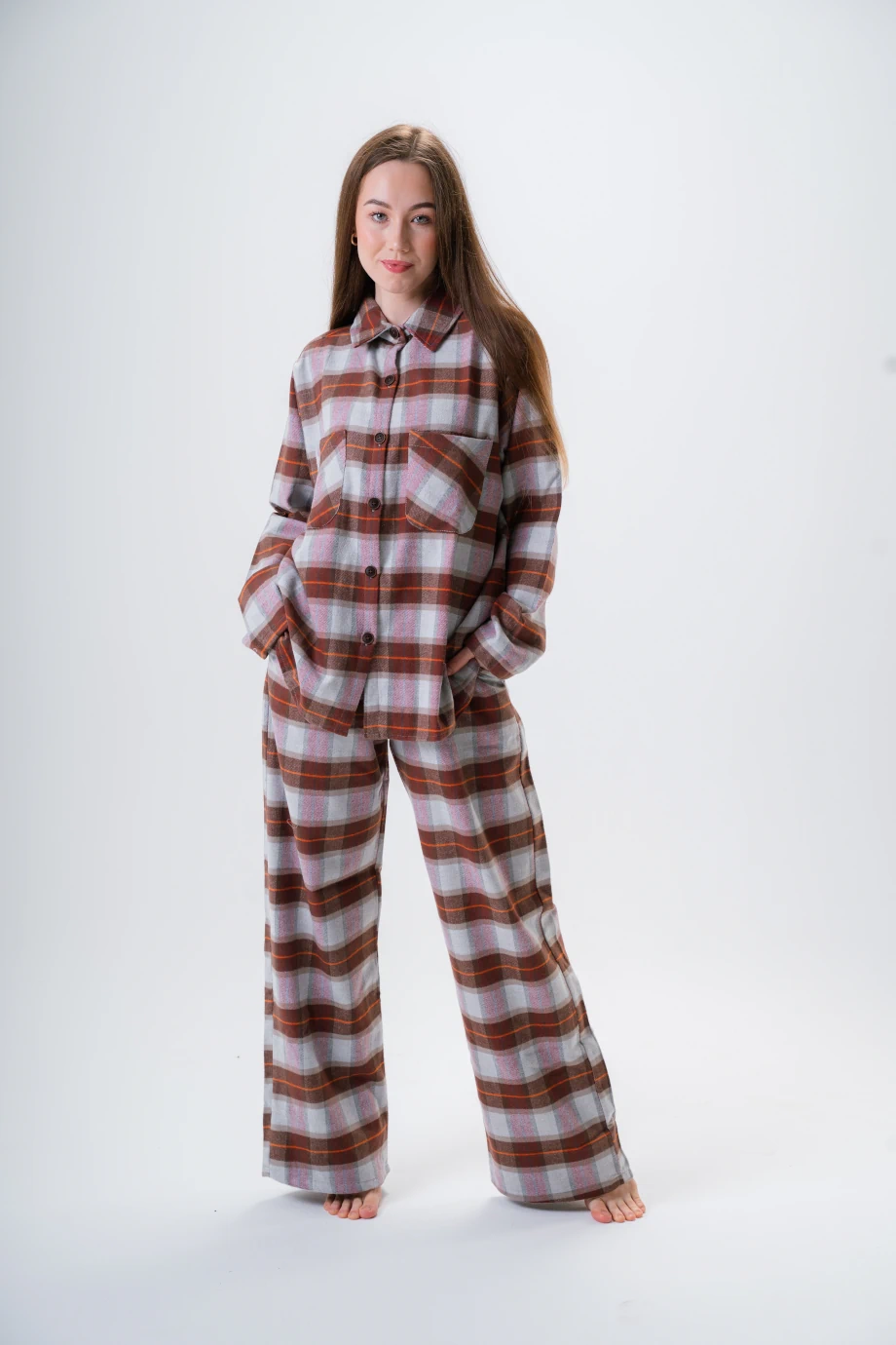 Checkered Winter Linen Pyjama in Brown